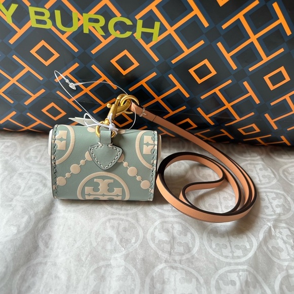 Tory Burch T Monogram Embossed Leather AirPods Pro Case Blue Celadon - Picture 4 of 5